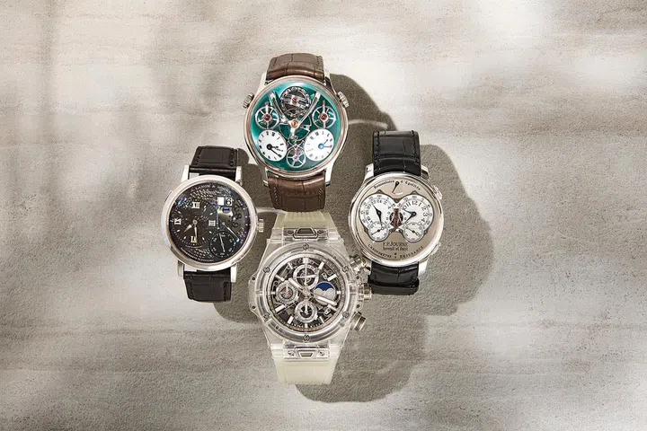 左起顺时针: Grand Lange 1 Lumen腕表/A.Lange & Sohne;LMX腕表/MB&F;Chronometre a Resonance腕表/F.P. Journe;Big Bang Unico Perpetual Sapphire腕表/Hublot。