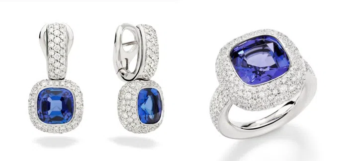 Pomellato Nudo坦桑石高级珠宝耳环及戒指。