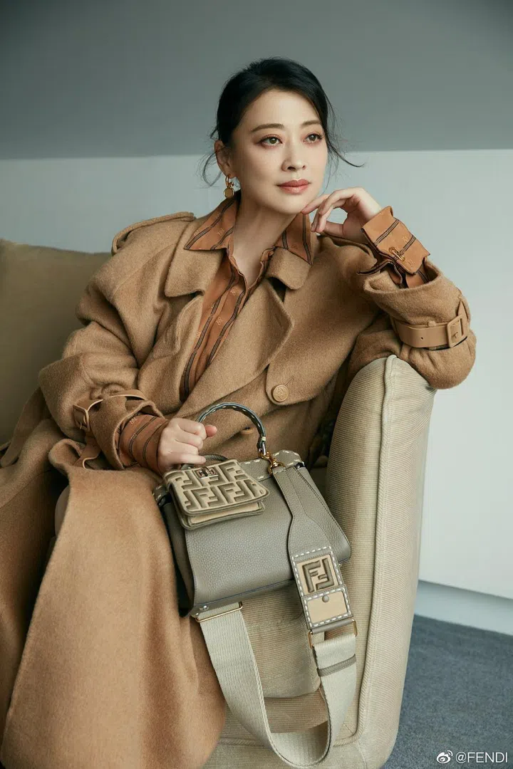 中国演员梅婷演绎Fendi Peekaboo Iconic迷你灰色皮革手袋。