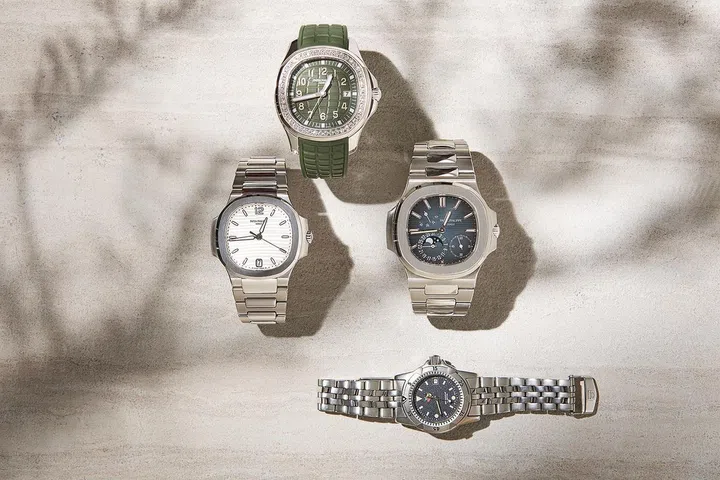 左起顺时针: Nautilus系列女式银色表盘不锈钢腕表型号7118/1A-010/Patek Philippe; Aquanaut Luce系列不锈钢款型号5267/200A/Patek Philippe; Nautilus系列不锈钢款式月相腕表型号5712/1A-001/Patek Philippe;1500系列潜水腕表/TAG Heuer。