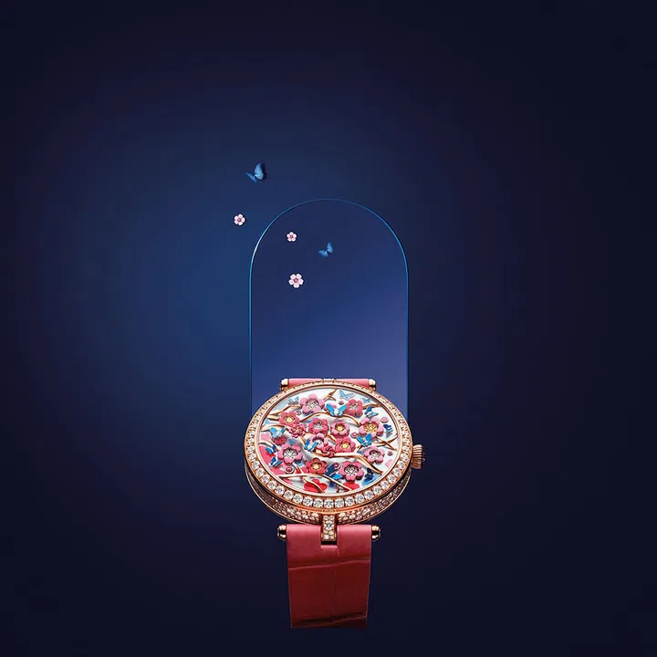 Lady Arpels Heures Florales Cerisier watch 38mm, rose gold, white gold, yellow gold, pink sapphires, white & yellow diamonds, white mother-of-pearl, self-winding mechanical movement equipped with a flower-opening module for the hours and lateral minutes display.