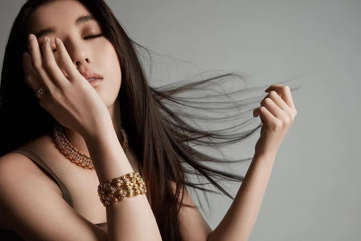 Tiffany Victoria系列玫瑰金镶钻藤蔓戒指;Hands黄金和铂金镶嵌钻项链;Schlumberger系列Daisy黄金镶钻手镯/Tiffany & Co。
丝缎长款连衣裙/Fendi。