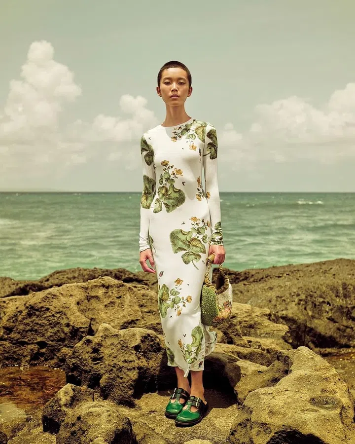 连衣裙、鞋履和手袋/Loewe。