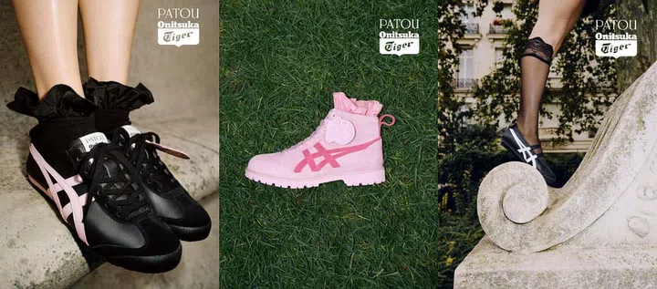 左至右：PATOU X Onitsuka Tiger联名系列中的MEXICO 66、MEXICO RINKAN和MEXICO 66 BALLERINA鞋款。(Photo Courtesy of Onitsuka Tiger)