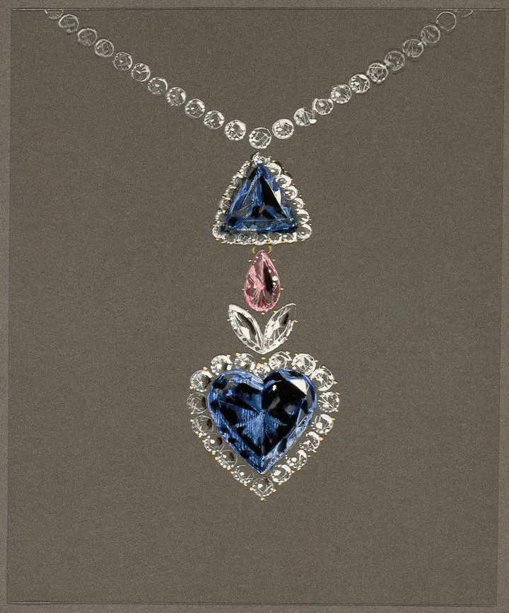 镶嵌Blue Heart钻石吊坠的项链绘图，约1953年Van Cleef & Arpels Archives