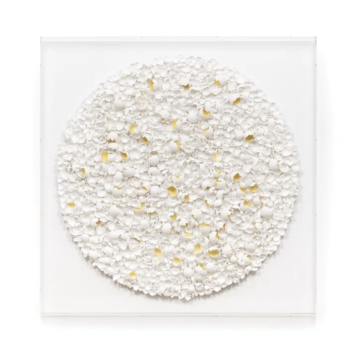 Jane Lee, 1 to 2, 2023, Crushed citrine on paper casting, on STPI handmade paper, 120 x 120 x 6.5 cm © Jane Lee / STPI. Photo courtesy of the artist and STPI – Creative Workshop & Gallery, Singapore