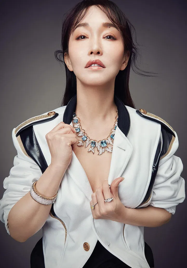 Schlumberger系列Leaves项链，铂金和18K黄金镶嵌海蓝宝石和钻石; 铂金镶钻戒指; 铂金和18K黄金镶嵌黄钻和白钻戒指; Schlumberger系列Stitches手镯，铂金和18K黄金镶钻/Tiffany & Co.。夹克/Louis Vuitton。