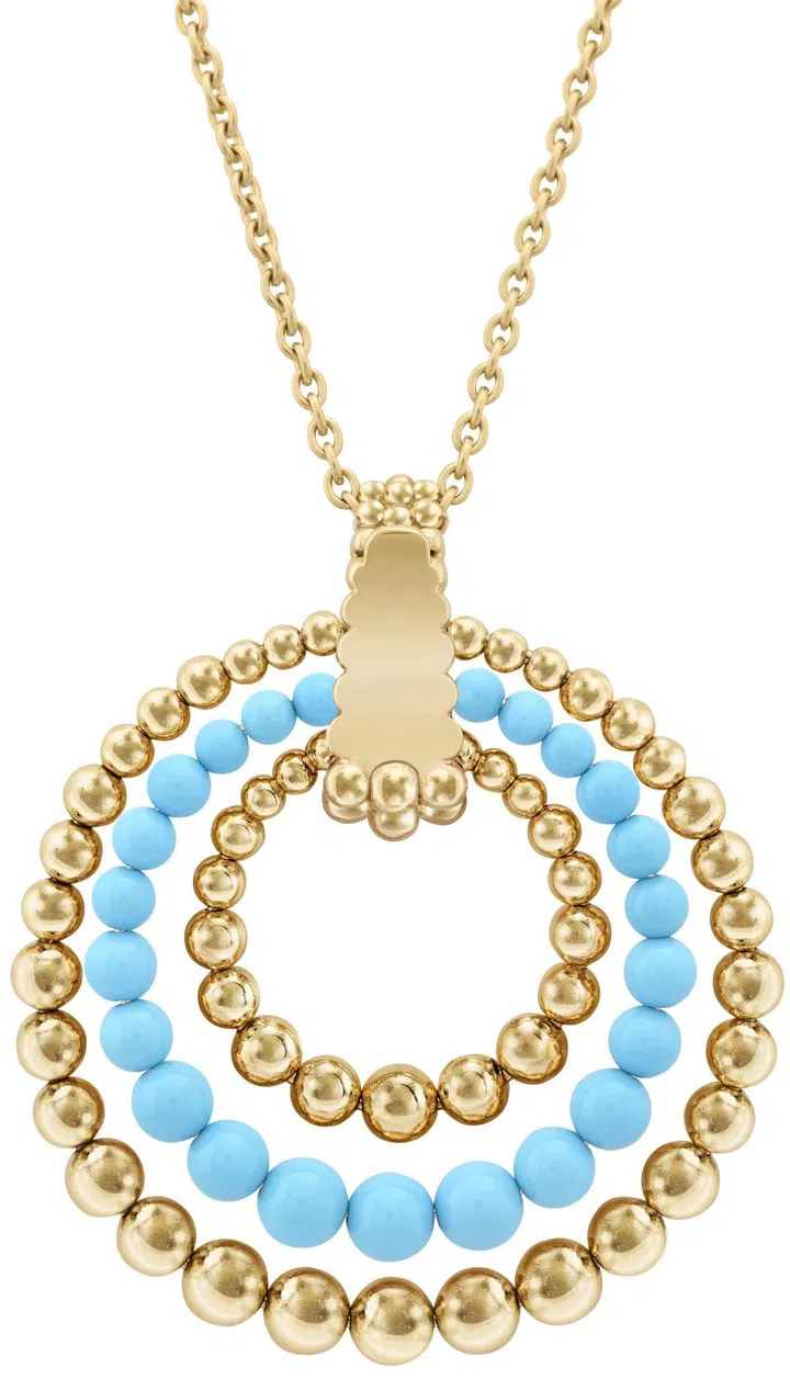 Perlée couleurs transformable long necklace, yellow gold, coral, onyx, turquoise