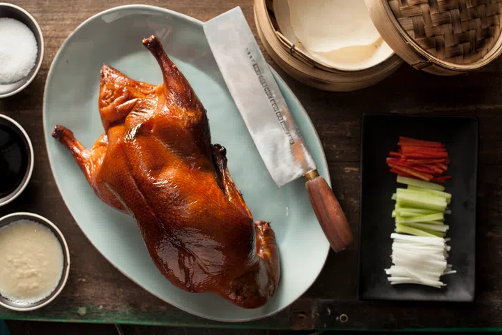 Apple Wood Roasted 42 Days Peking Duck; dish served at Mott32 Restaurant at B1-42-44, Galleria Level, The Shoppes at Marina Bay Sands.