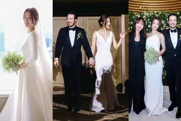 林慧玲换上三套美丽优雅的白色婚纱礼服。