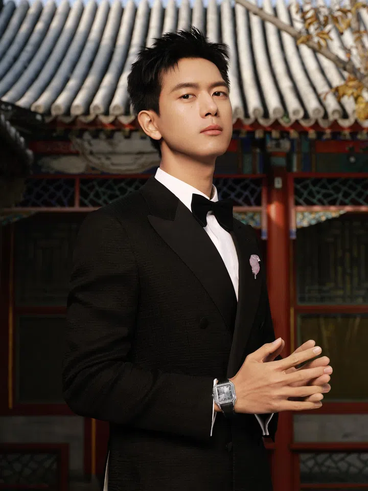 品牌大使李现佩戴En Equilibre高级珠宝系列Nakuru胸针、Santos de cartier腕表。