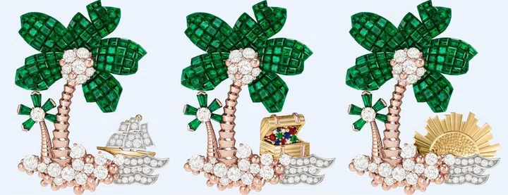 Palmier Mystérieux胸针与可拆卸式主题图案，玫瑰金、黄K金、白K金、Traditional Mystery Set传统隐密式镶嵌祖母绿、祖母绿、红宝石、蓝宝石、钻石。Photo courtesy of Van Cleef & Arpels