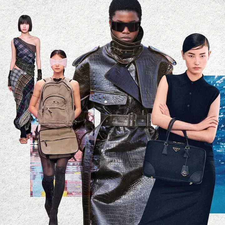 左至右：瑞典新锐设计师品牌Rave Review通过升级再造二手材料, 将废旧资源变为时尚之作；Balenciaga的造型既可作为服装,又能化身为时尚包袋；Stella McCartney的鳄鱼皮压纹风衣由UPPEALTM苹果基材料制成；Prada Re-Nylon项目单品由ECONYL纱线制成，展现可持续发展愿景。