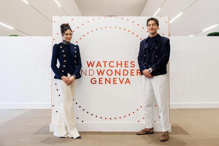 Formula one driver George William Russelland and freestyle skier Eileen Feng Gu at Watches and Wonders GENEVA, in Geneva, Switzerland, Wednesday, April 15, 2026. The largest watchmaking event of the year bringing together the leading names of the industry from April 14 to April 20, 2026 at Geneva Palexpo. (WWGF/KEYSTONE/Valentin Flauraud)

