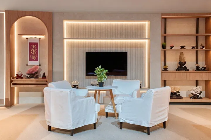 Pastel colour palette home interiors fitted with fengshui ornaments.
