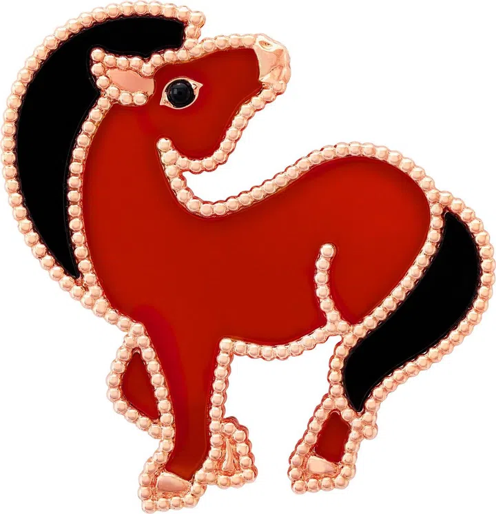 Lucky Animals Horse clip, rose gold, carnelian, onyx.