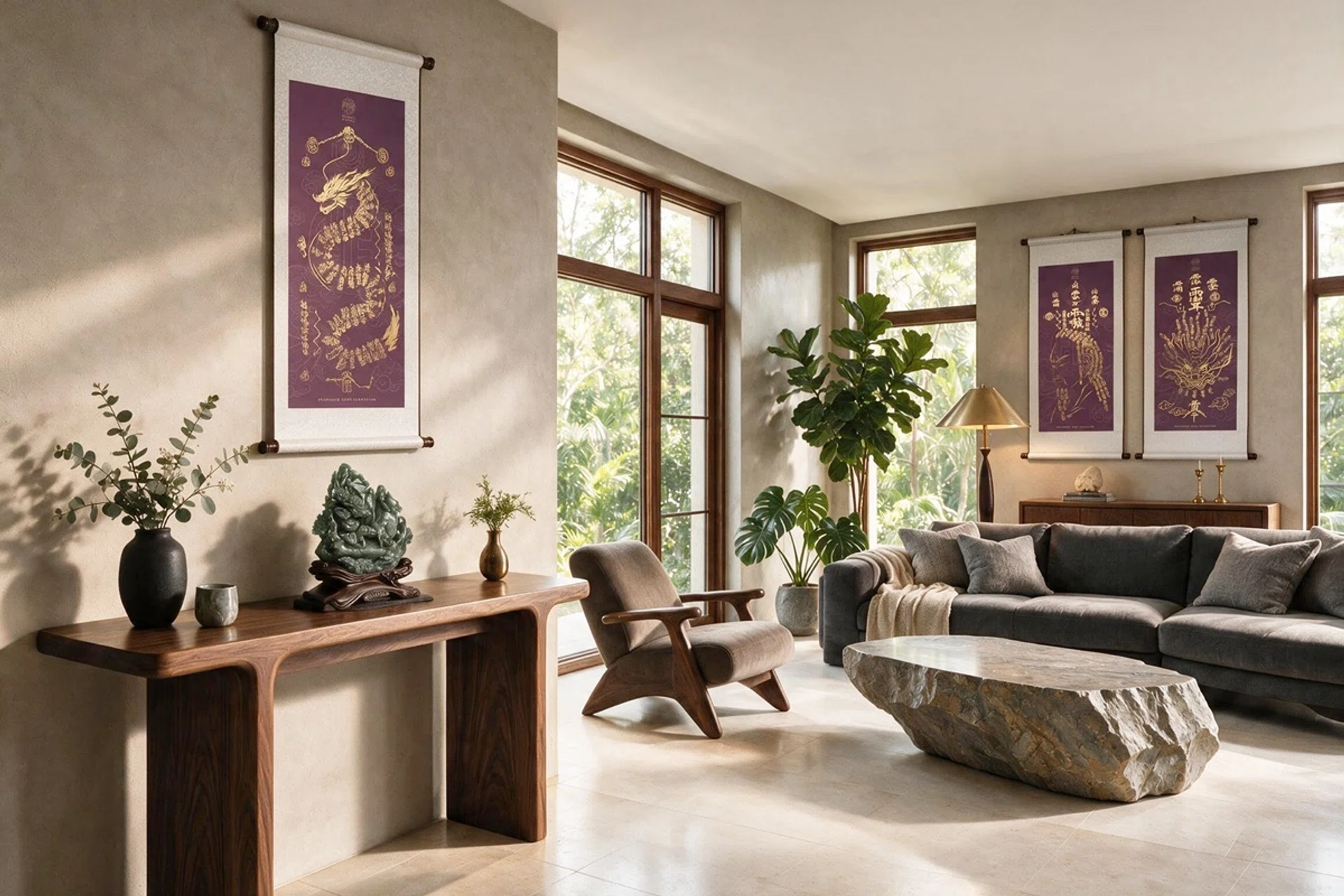 Fengshui ornaments placed on mantelpiece, around lounge area, to balance energies and usher prosperity into living spaces.