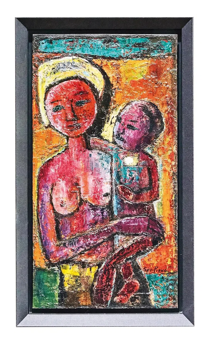 钟泗宾1957年油画作品“ Mother and Child”。他的 创作生涯跨度40余年，较早期作品重点刻画对新加坡与东南亚人物、景色与风俗。