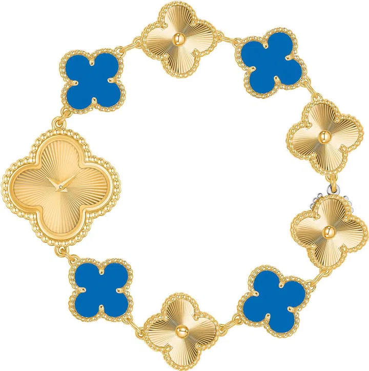 全新Sweet Alhambra结合蓝玛瑙与玑镂雕花黄K金。Photo courtesy of Van Cleef & Arpels