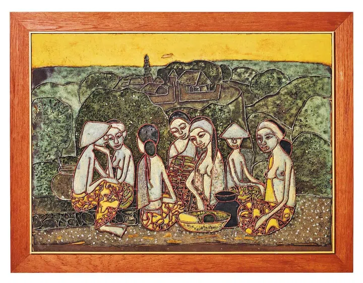 钟泗宾1971年复合媒材作品“Resting”，他在1970年代后期回归早期风格，聚焦马来西亚和峇厘岛的风土人物。