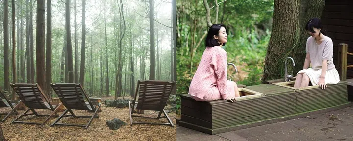 西归浦治愈之林提供多样化的山林治愈项目，图右为参加者在享受赤脚足浴。（图：韩国旅游发展局）