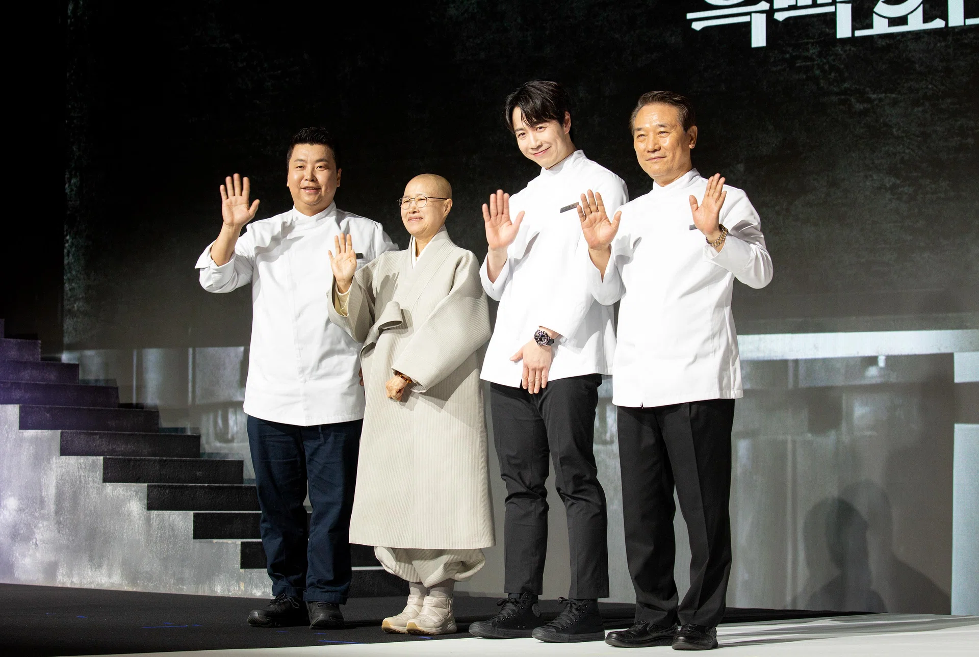 Jung Ho-Young, Venerable Sunjae, Son Jong-Won and  Hou Deok-Juk, Dec 17, 2025 : (L-R) White Spoon contestants Jung Ho-Young, Venerable Sunjae, Son Jong-Won and Hou Deok-Juk at a press conference for Netflix's Korean reality show "Culinary Class Wars Season 2" in Seoul, South Korea. (Photo by Lee Jae-Won/AFLO)