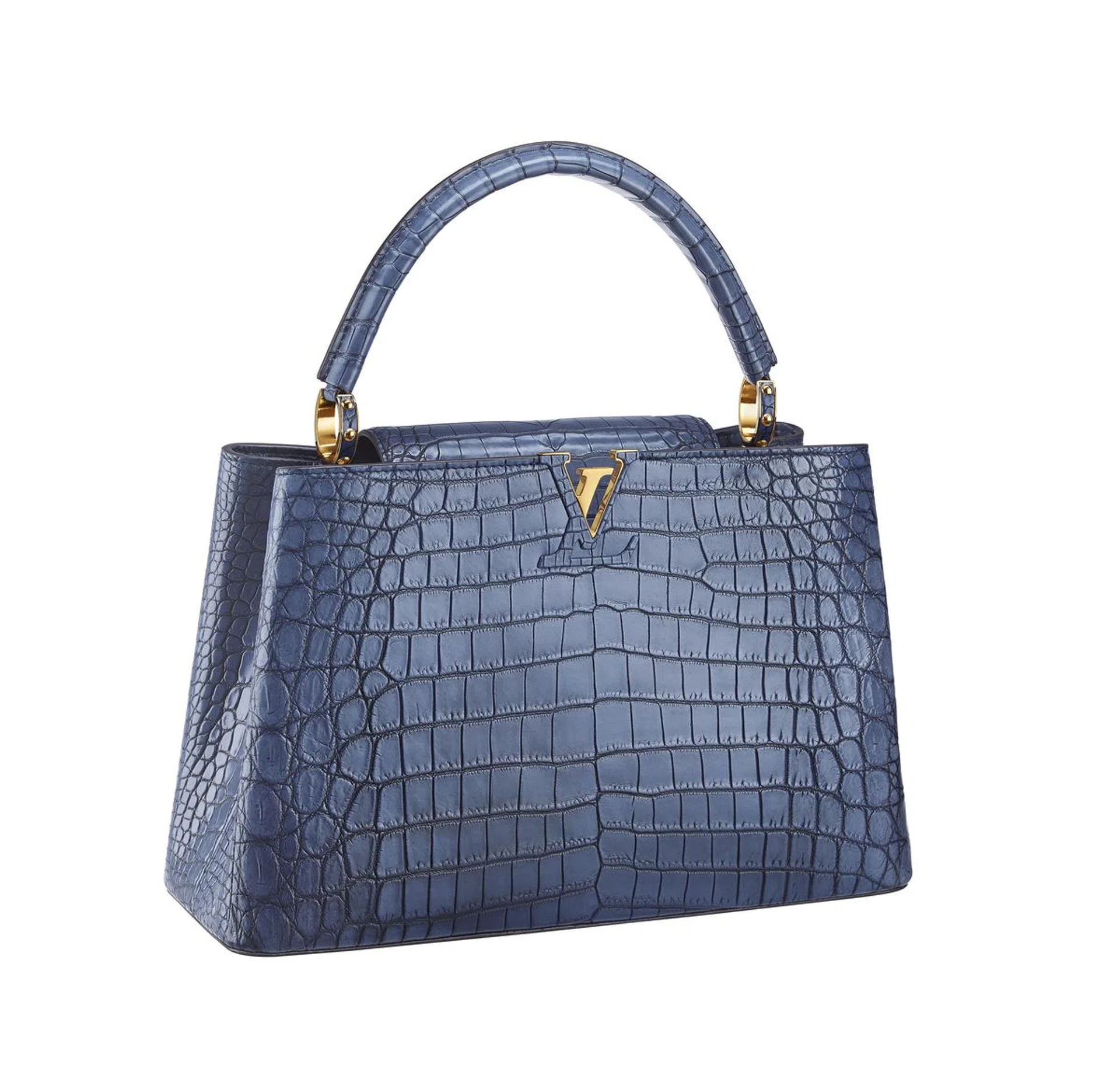 Capucines MM en crocodile bleu vintage. - vue de 3/4.