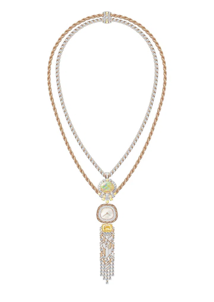 伯爵Essence of Extraleganza高级珠宝系列Swinging Sautoir摇曳长项链时计。Photo courtesy of Piaget