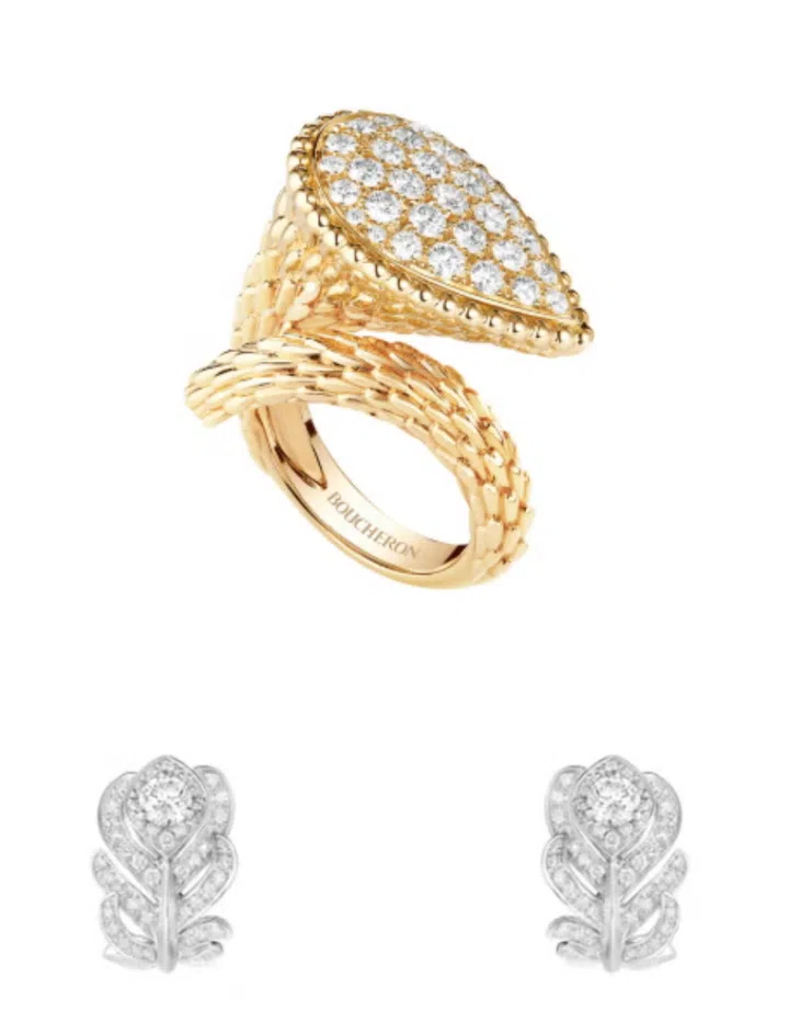 宝诗龙Serpent Bohème系列戒指及Plume de Paon系列孔雀羽毛耳环。