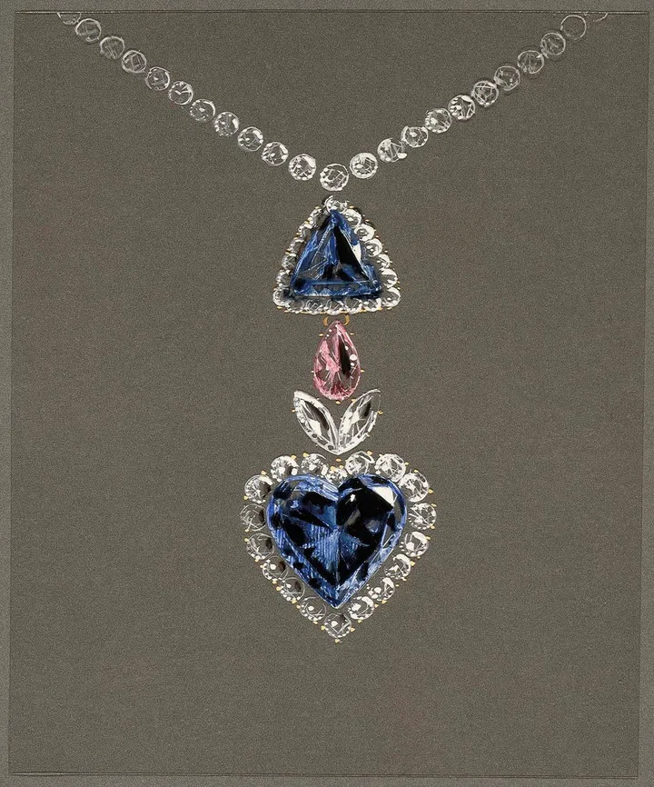 镶嵌Blue Heart钻石吊坠的项链绘图, 约1953年Van Cleef & Arpels Archives