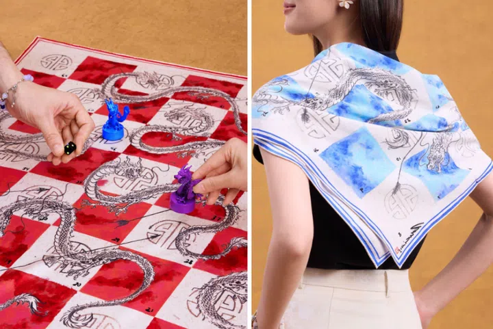 龙与箭(Dragons & Arrows)丝巾不仅是百搭的时尚单品，也能随时变身为一场趣味的蛇梯棋局。