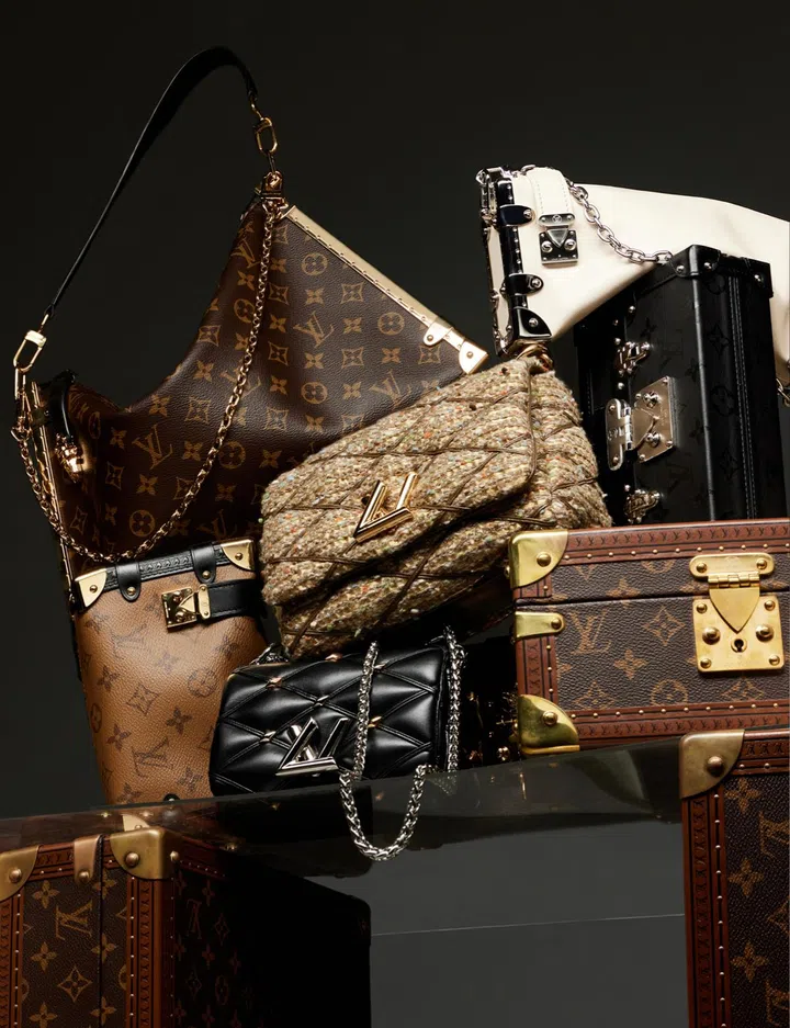 (Clockwise from top left) Louis Vuitton Lucky Trunk bag $5,350, Slim Trunk bag $5,700, Petite Malle bag $8,500, GO-14 MM bag $8,600, Pico GO-14 bag $6,750, Side Trunk PM bag $5,150