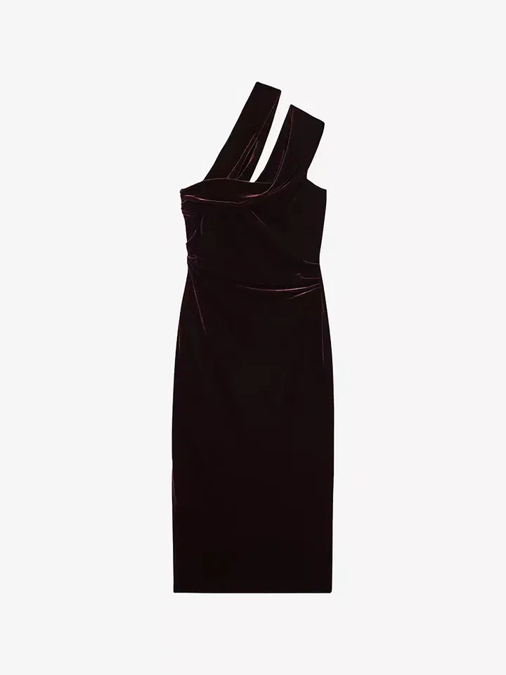 Reiss Dalia One‑Shoulder Slim Fit Stretch Velvet Midi Dress年末派对穿搭指南: 从圣诞到跨年都惊艳全场,派对穿搭推荐，连身裙推荐，派对闪亮连身裙