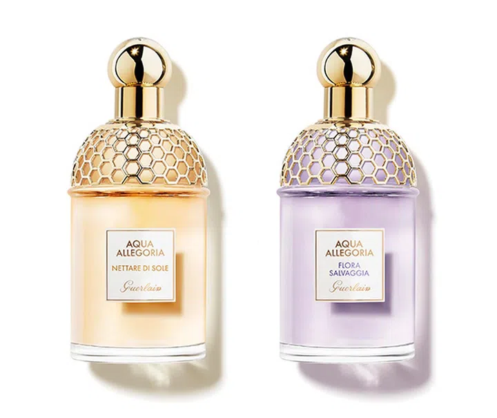 经典Guerlain Aqua Allegoria系列再添两款新香——Flora Salvaggia 和Nettare di Sole。两款香氛皆从大自然中汲取灵感，紫色的Flora Salvaggia 让人如沐春风，感受春天草地和旷野的悠然自得；Nettare di Sole则是一副蜜蜂采蜜的温暖情景，香氛中透出蜂蜜的甜味。