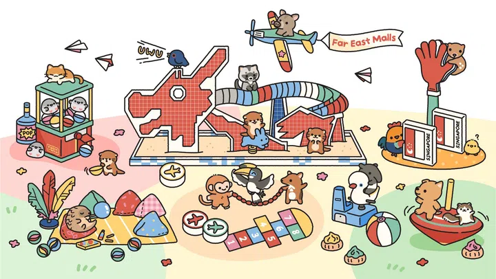 Far East Malls“Singapore Playdate”活动主视觉插画，以温馨手绘风格呈现充满童趣的新加坡游乐场景。画面中央可见红色龙形游乐设施及彩虹滑梯，周围点缀跳房子、弹珠、纸飞机、夹娃娃机、沙滩玩具、传统游戏及玩具等童年元素，并有猫咪、水獭、猴子、小鸟、狗狗等可爱动物角色穿梭其中。右上方还有一架拖着“Far East Malls”横幅的小飞机，整体以柔和粉彩色调描绘充满怀旧与欢乐氛围的社区游乐体验，呼应“Singapore Playdate”主题。