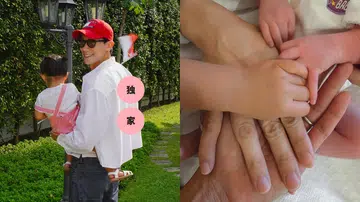 画面左侧是陈泂江身穿白衬衫、戴红帽，抱着穿粉色背带裤的小女儿走在花园小径上，他回头微笑，背景是绿树与路灯；右侧是一张特写，显示一家人的手叠在一起，从大人到婴儿，象征团结与爱。陈泂江独家专访。