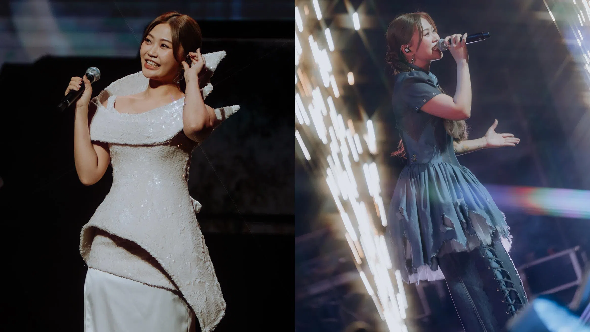 DIOR大颖在新加坡演唱会舞台上的演出瞬间拼图：左图中，她身穿白色立体剪裁礼服，手持麦克风微笑与观众互动，展现温柔自信的舞台魅力；右图则换上蓝色层次感短裙造型，在灯光与光束效果中投入演唱，肢体自然延展，呈现更具感染力的现场表现。整体画面捕捉她从纯粹到释放情绪的舞台状态，展现其真实而动人的演唱风格。