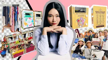 一张人物专题封面拼贴图：画面中央是一名长直黑发的年轻女性，身穿浅蓝色衬衫，双手交叠托着下巴，直视镜头，表情沉稳自信，背景以粉色与黑白几何色块组成，营造现代感与编辑视觉风格。人物周围环绕多张与循环时尚相关的照片，包括左侧挂满二手衣物的衣架与标有尺码和价格的衣服陈列架，下方是热闹的衣物交换活动现场，人们围绕摊位挑选衣物；右侧则展示多个黄色与白色的纺织品回收箱，上面标示“Textile Recycling Bin”与可回收物品图示，以及一群志愿者与参与者在活动现场合影、展示回收或交换的衣物。整体画面传达循环时尚、衣物再利用、环保回收、社区参与与可持续生活方式的主题。cloop 环保回收箱 创办人 cloop founder tan yin ling