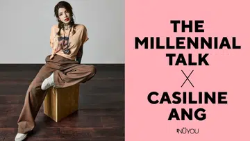 Casiline Ang 坐在木箱上，一身休闲装扮，露出颈部与手臂的纹身。她扎着双辫子，表情自信又轻松。画面右侧是粉色背景的文字：‘THE MILLENNIAL TALK × CASILINE ANG。