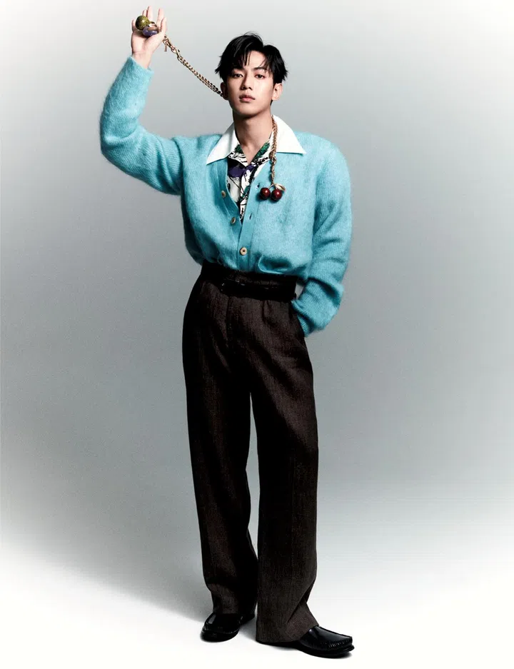 Wales Bonner shirt $783，Séfr cardigan $547， Our Legacy trousers $562 (all available at MrPorter.com)Prada belt $1,000， loafers $1,850，Coach chain strap (POA)， charms (POA)