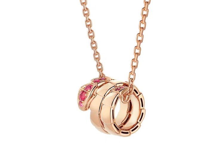 Bvlgari Serpenti Viper, rose gold necklace with rubies $6,960