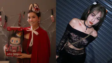 左图为陈秀环身穿红色斗篷与皇冠、扮成LABUBU角色，手抱POP MART玩偶，背景布满万圣节装饰；右图为阳光可乐穿着黑色蕾丝套装、搭配暗色系妆容与金链，靠在铁门前展现酷帅氛围。