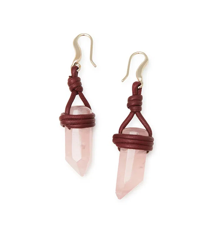 LEATHER, BRASS & PINK QUARTZ Earrings