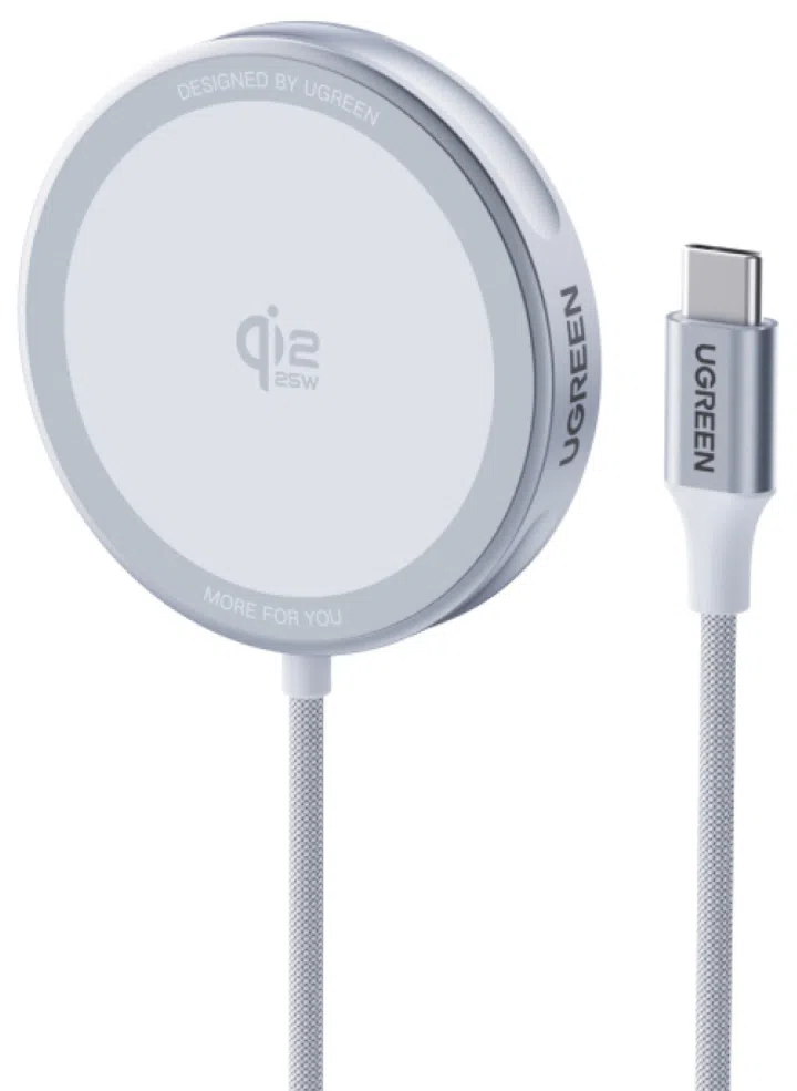 银灰色 UGREEN MagFlow Qi2 25W 磁吸无线充电器，配有编织尼龙质地的 USB-C 充电线，一体式设计简洁有质感。
