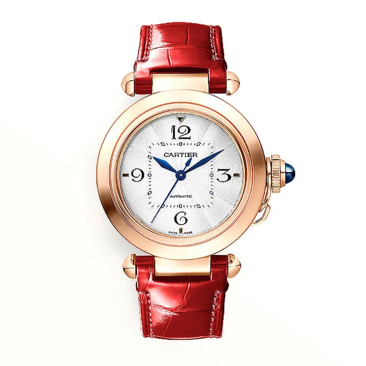 Cartier Pasha de Cartier Grid搭载自动机芯、35mm玫瑰金表壳、可替换式鳄鱼皮表带腕表(拆卸亮漆格栅后外观) $25,400