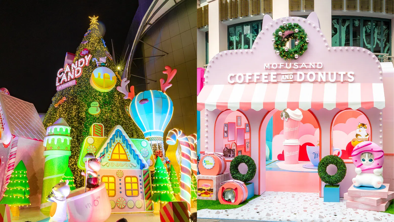 左侧为 VivoCity 的 Candyland 圣诞树与糖果屋灯饰；右侧为 Mofusand 咖啡甜甜圈主题打卡区，粉色系布置搭配可爱猫咪造型装置，呈现梦幻圣诞场景。