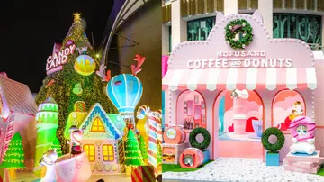 左侧为 VivoCity 的 Candyland 圣诞树与糖果屋灯饰；右侧为 Mofusand 咖啡甜甜圈主题打卡区，粉色系布置搭配可爱猫咪造型装置，呈现梦幻圣诞场景。