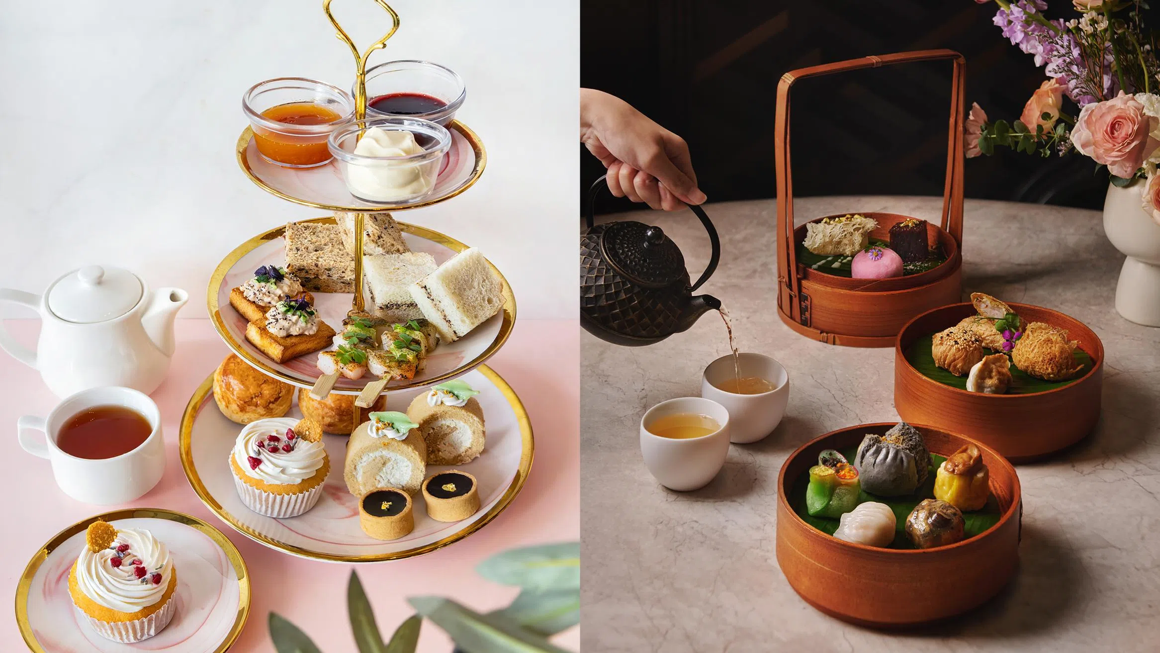 新加坡下午茶推荐：精致三层下午茶架与中式点心下午茶对比图，一边是英式下午茶包含手指三明治、司康、蛋糕与茶饮，另一边是木质蒸笼呈现的中式点心下午茶，包括小笼包、烧卖与创意点心，搭配茶壶与茶杯，展现不同风格的午后茶点体验|闺蜜聚会好去处：精致下午茶推荐