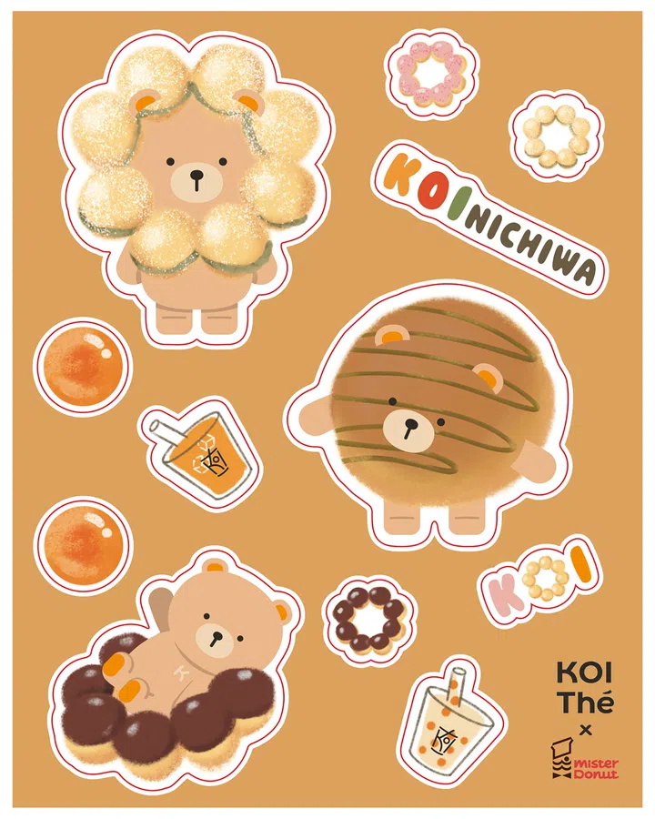 一张以暖棕色为底的插画贴纸图，图中有多只由甜甜圈与珍珠奶茶元素组成的可爱小熊角色，并搭配“KOI-nichiwa”等文字设计，整体风格俏皮温馨。