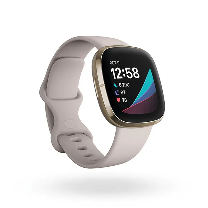 Product render of Fitbit Sense, 3QTR view, in Lunar White and Soft Gold stainless steel.